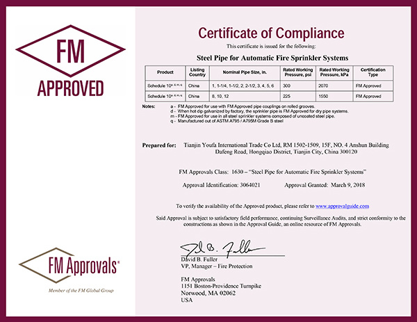 Fm Certificates For Fire Sprinkler Pipe 1-2